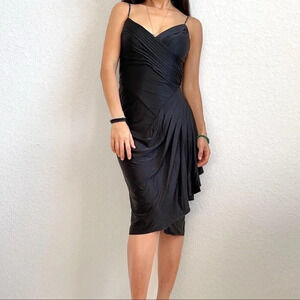 BCBG Maxazria Black Satin Pleated  Wrap Beaded Strap Cocktail LBD Dress